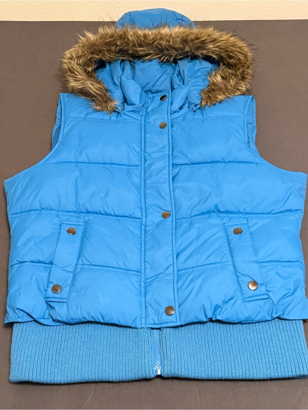 Route 66 Bright Blue Puffer Vest with Faux Fur Hood